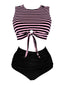 [Grande taille] Ensemble tankini rayé rose et noir à nœuds années 1970