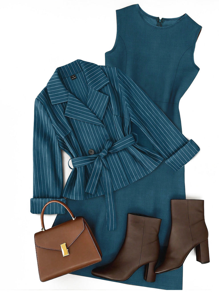 Ensemble 2 pièces blazer à fines rayures et robe midi trapèze Années 1940 - 13