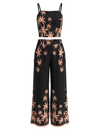 Ensemble 2 pièces caraco et pantalon large noirs imprimé palmiers tropicaux années 1970 - 1