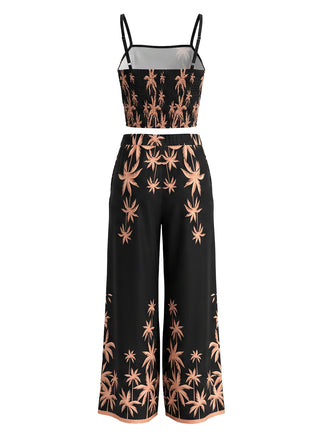 Ensemble 2 pièces caraco et pantalon large noirs imprimé palmiers tropicaux années 1970 - 2