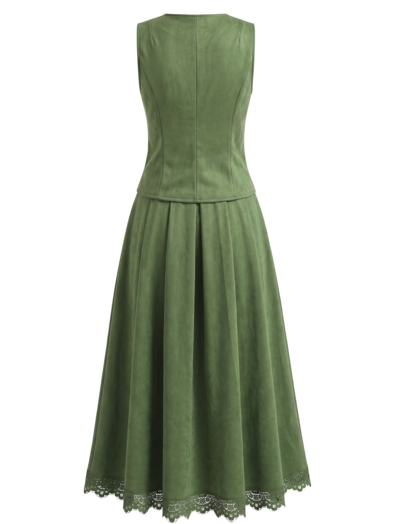 Ensemble 2 pièces gilet boutonné et jupe longue en suédine Années 1940 - 2