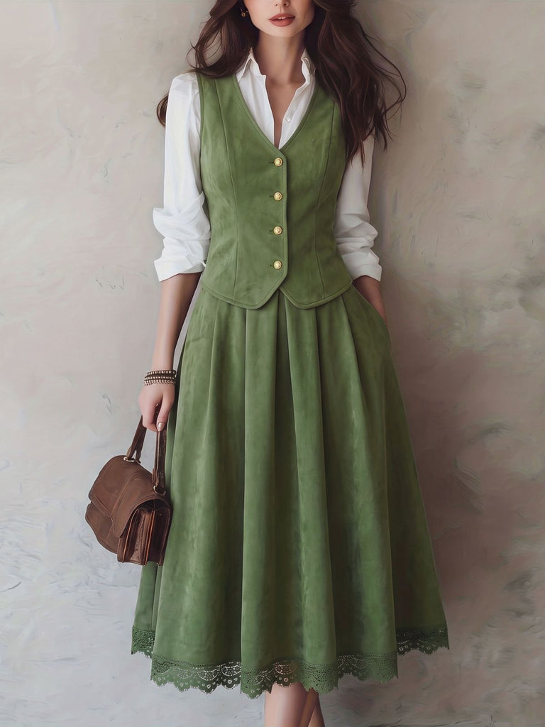 Ensemble 2 pièces gilet boutonné et jupe longue en suédine Années 1940 - 3