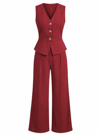 Ensemble 2 pièces gilet uni sans manches à col V et pantalon taille haute années 1980 - 2