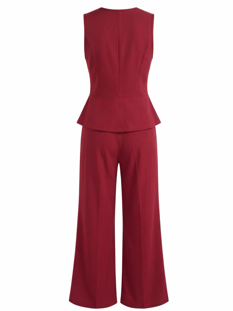 Ensemble 2 pièces gilet uni sans manches à col V et pantalon taille haute années 1980 - 3