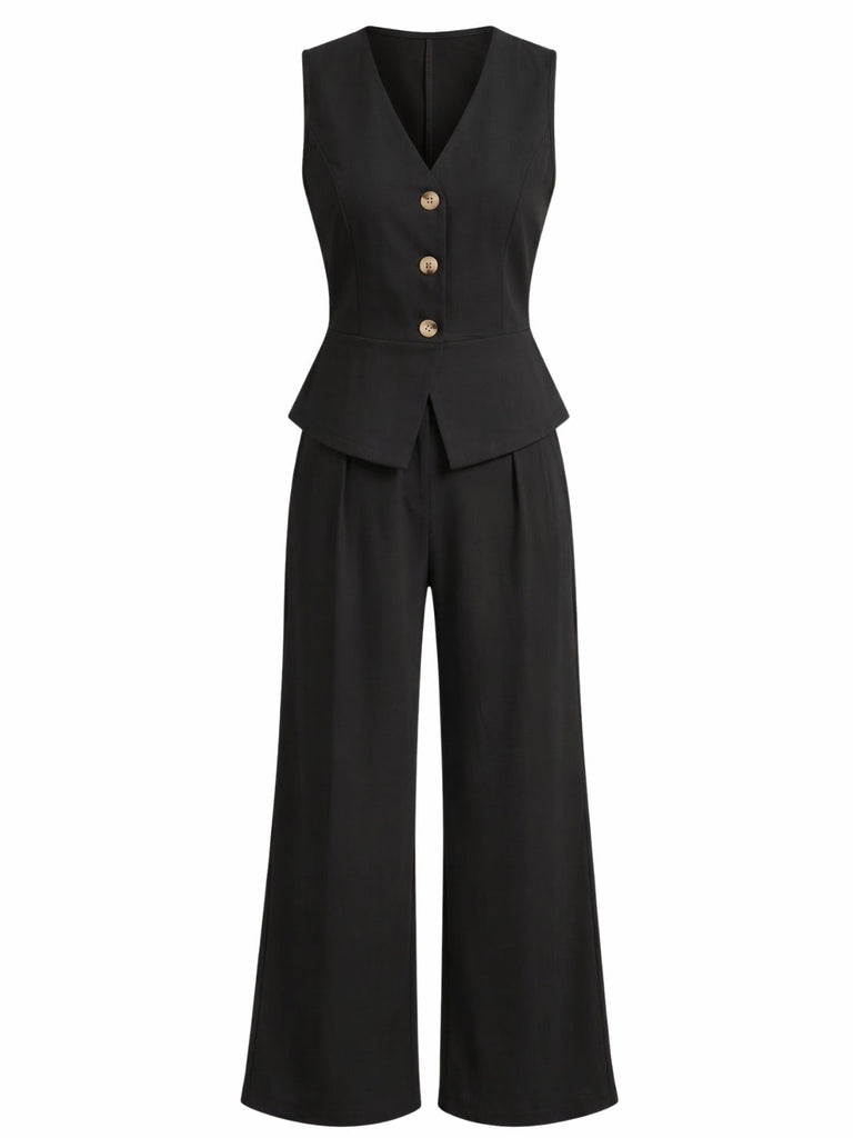 Ensemble 2 pièces gilet uni sans manches à col V et pantalon taille haute années 1980 - 6