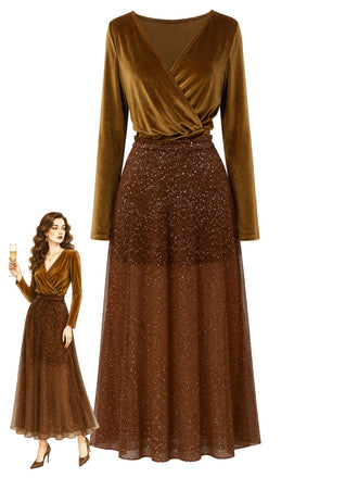 Ensemble 2 pièces haut disco marron foncé en velours et jupe en tulle à sequins années 1970 - 1