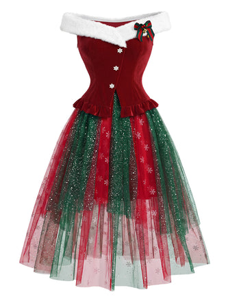 [Prévente] Ensemble 2 pièces haut en fourrure à épaules dénudées et jupe en tulle à flocons de Noël Années 1950 - 2