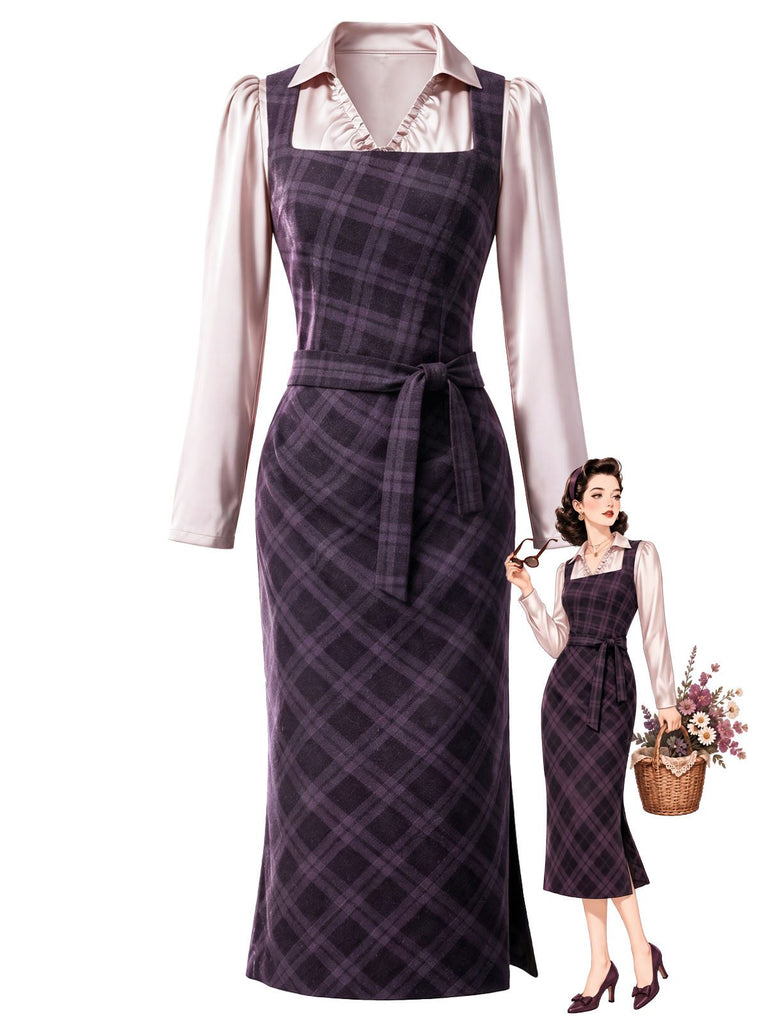 [Prévente] Ensemble 2 pièces robe crayon à carreaux violets et blouse en satin froncée à cordon années 1960 - 1
