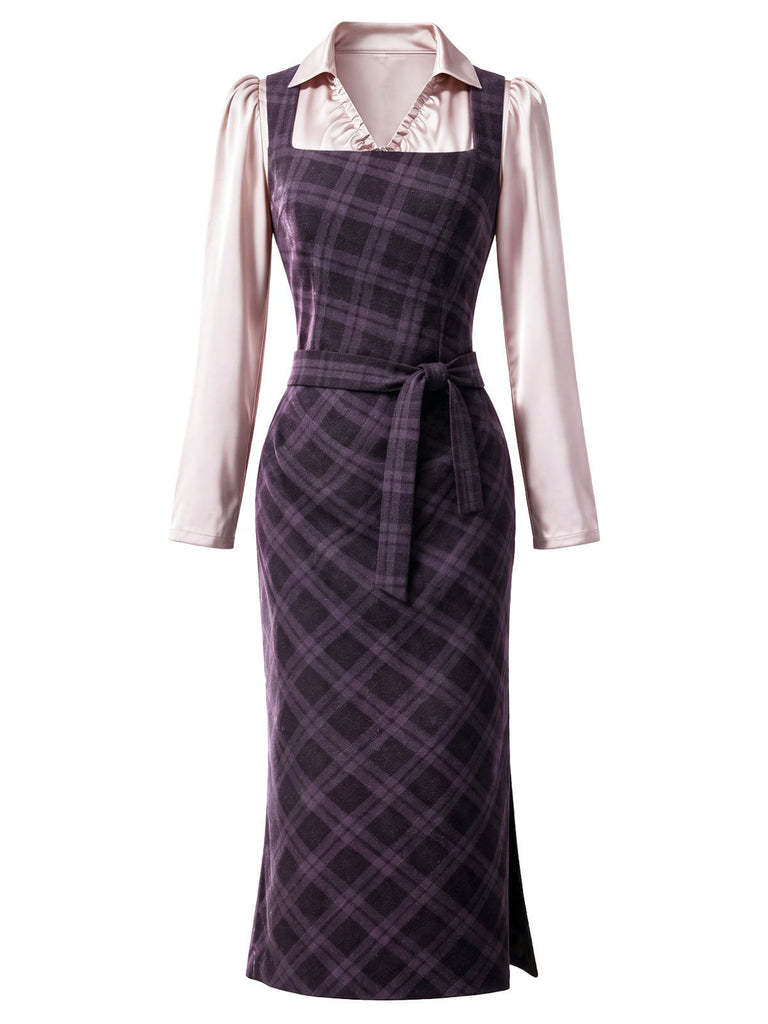 [Prévente] Ensemble 2 pièces robe crayon à carreaux violets et blouse en satin froncée à cordon années 1960 - 2