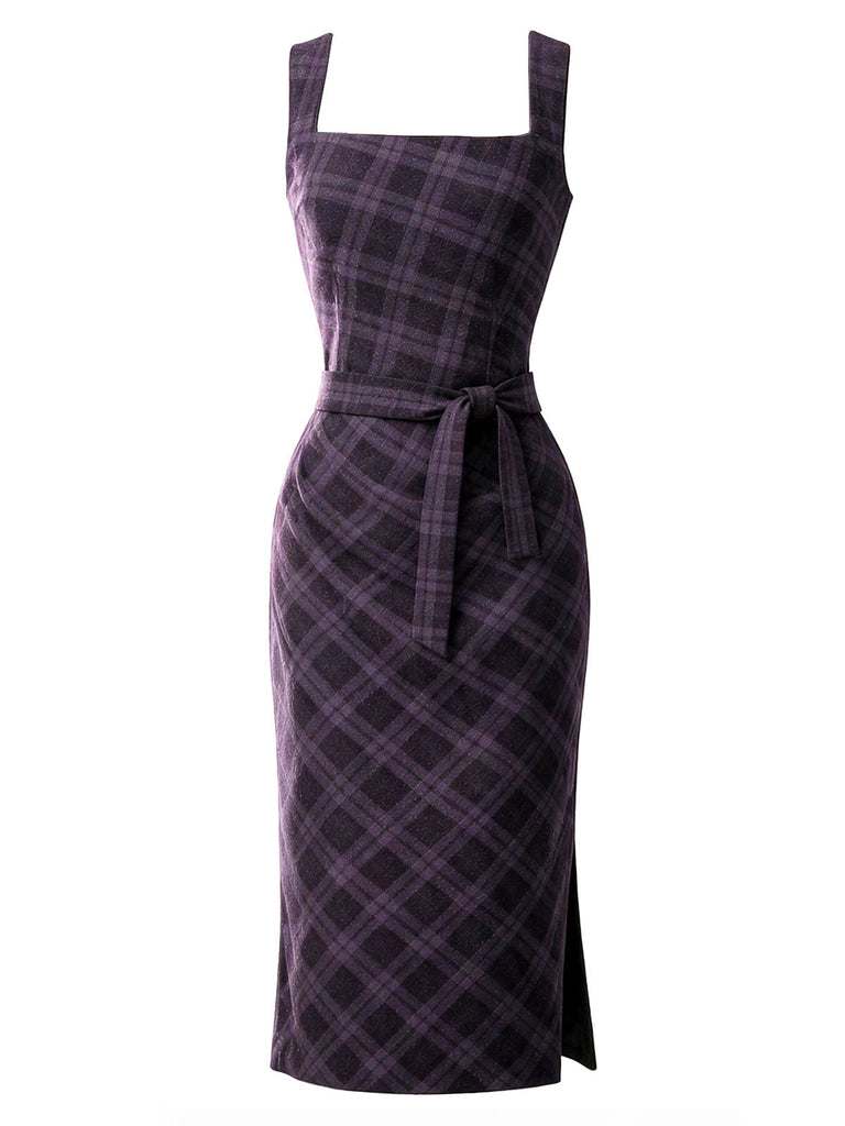 [Prévente] Ensemble 2 pièces robe crayon à carreaux violets et blouse en satin froncée à cordon années 1960 - 6