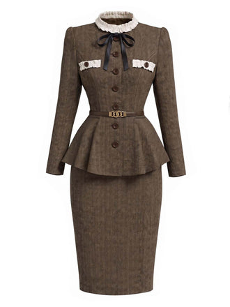 [Prévente] Ensemble 2 pièces veste à col montant et volants et jupe crayon à chevrons années 1940 - 2