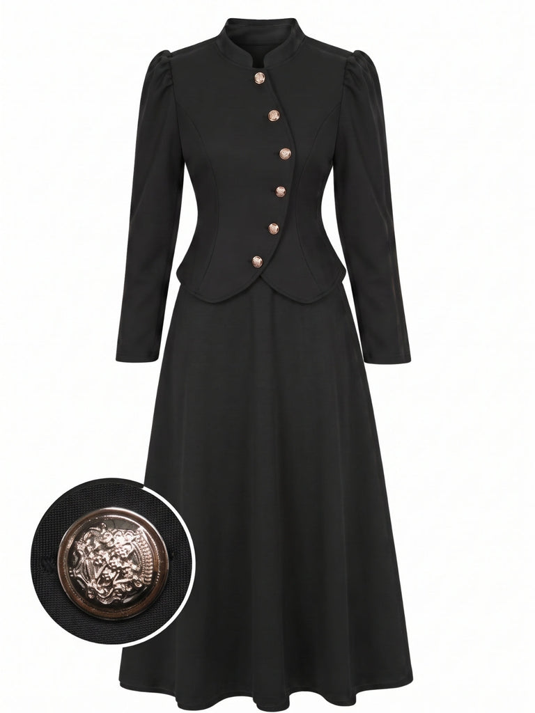 Ensemble 2 pièces veste blazer noire à col mandarin et jupe années 1940 - 1