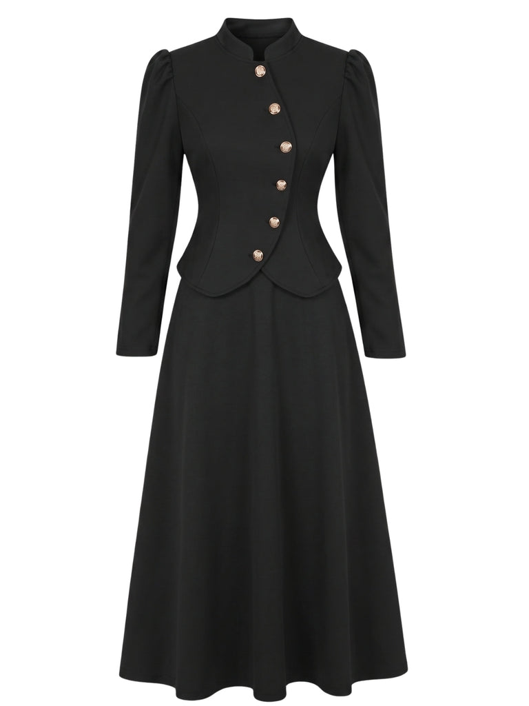 Ensemble 2 pièces veste blazer noire à col mandarin et jupe années 1940 - 2