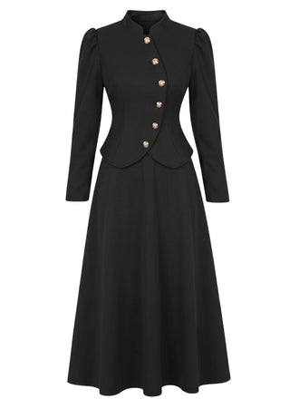 Ensemble 2 pièces veste blazer noire à col mandarin et jupe années 1940 - 2