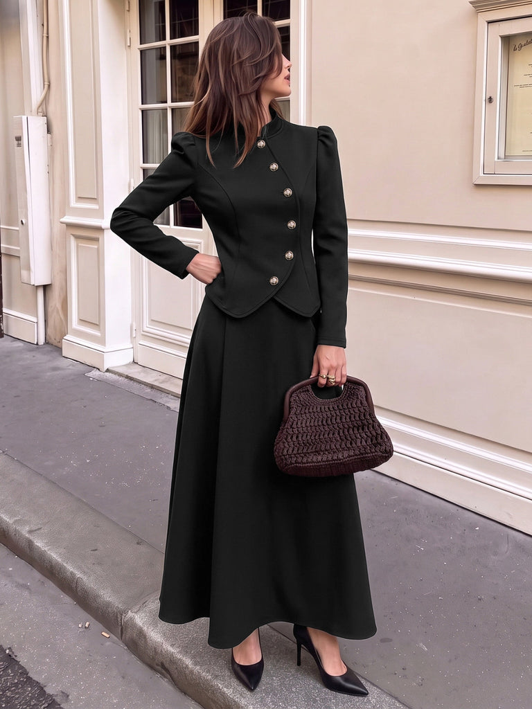 Ensemble 2 pièces veste blazer noire à col mandarin et jupe années 1940 - 4
