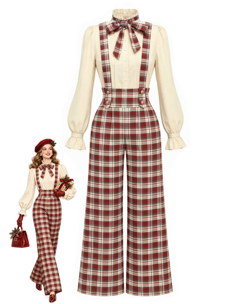 [Prévente] Ensemble blouse à nœud et pantalon large à bretelles à carreaux rouges années 1970 - 1