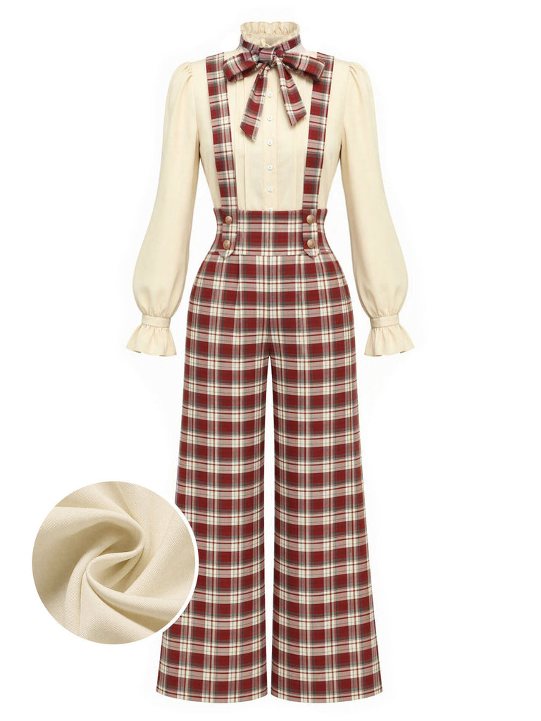 [Prévente] Ensemble blouse à nœud et pantalon large à bretelles à carreaux rouges années 1970 - 2