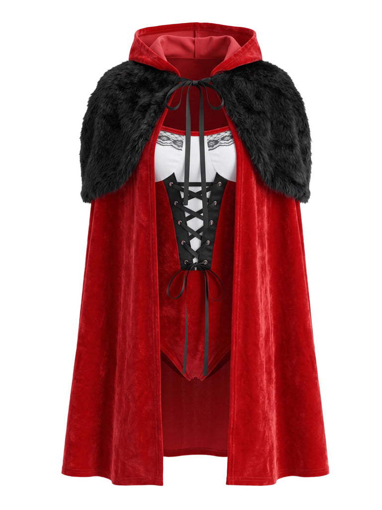Ensemble body rouge en velours à nouer et cape à capuche Années 1940 - 4
