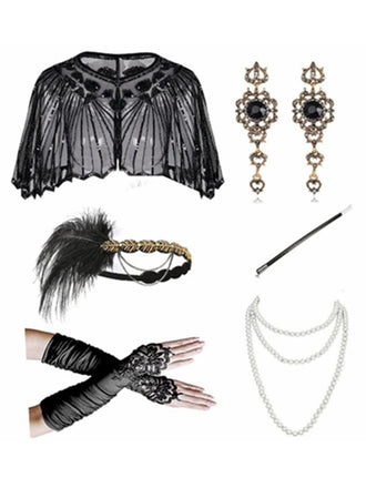 Ensemble d’Accessoires Gatsby Flapper Noirs à Plumes Années 1920 - 1