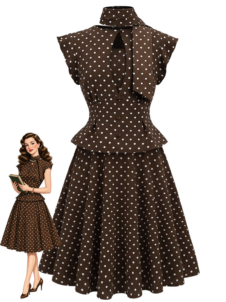 [Prévente] Ensemble haut marron à pois, col à nouer et basque et jupe Années 1950 - 1