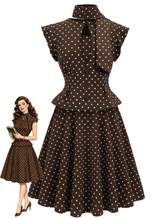 [Prévente] Ensemble haut marron à pois, col à nouer et basque et jupe Années 1950 - 1
