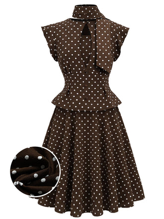 [Prévente] Ensemble haut marron à pois, col à nouer et basque et jupe Années 1950 - 2