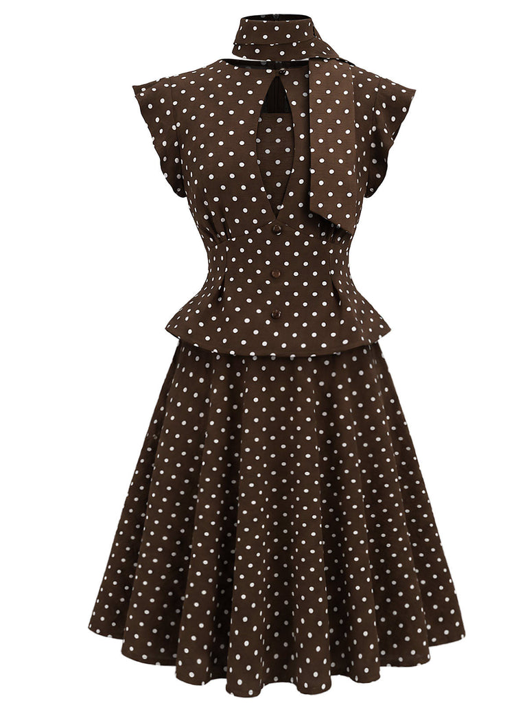 [Prévente] Ensemble haut marron à pois, col à nouer et basque et jupe Années 1950 - 3
