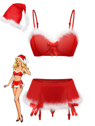 Ensemble lingerie de Noël rouge à nœud et bordure en fausse fourrure années 1960 - 1