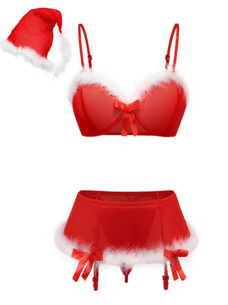 Ensemble lingerie de Noël rouge à nœud et bordure en fausse fourrure années 1960 - 2