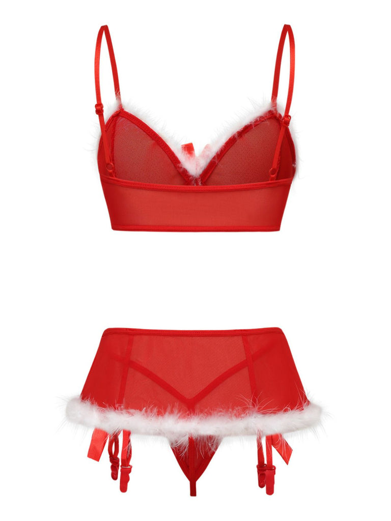 Ensemble lingerie de Noël rouge à nœud et bordure en fausse fourrure années 1960 - 4