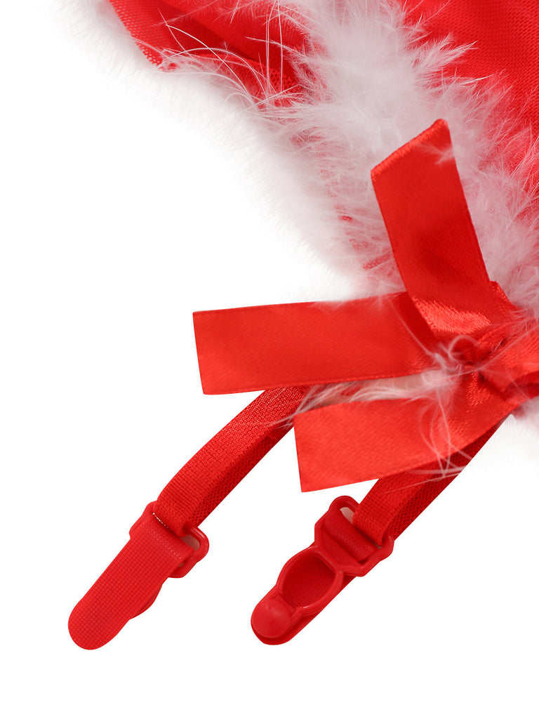 Ensemble lingerie de Noël rouge à nœud et bordure en fausse fourrure années 1960 - 7