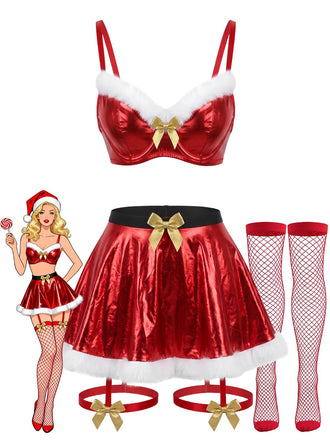 Ensemble Lingerie de Noël Rouge Métallisée à Fourrure et Nœud Style Mère Noël Années 1950 - 1