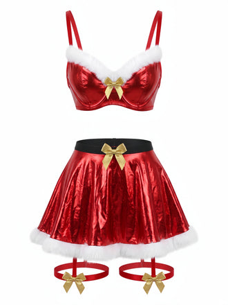 Ensemble Lingerie de Noël Rouge Métallisée à Fourrure et Nœud Style Mère Noël Années 1950 - 2