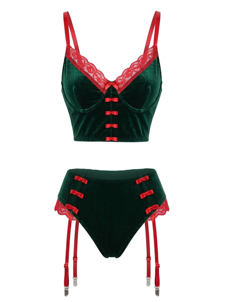 Ensemble lingerie de Noël vert en velours à dentelle, nœud et porte-jarretelles Années 1960 - 3