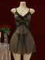 Ensemble de nuisette marron motif léopard et garniture dentelle transparente années 1950