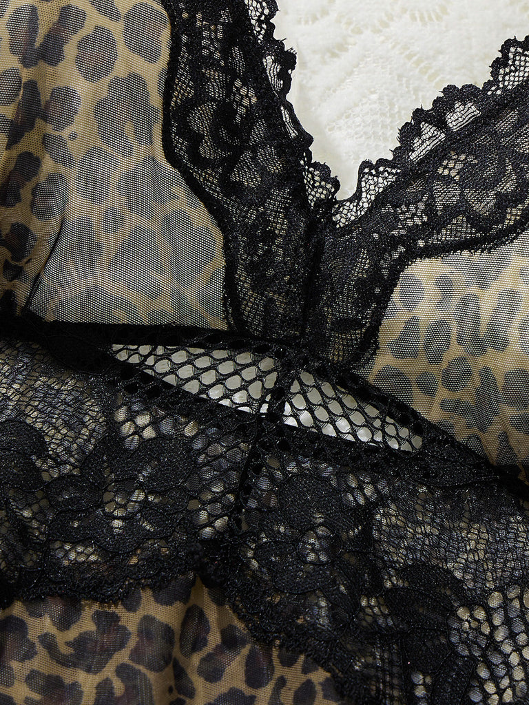 Ensemble nuisette marron imprimé léopard à bordure en dentelle transparente années 1950 - 4