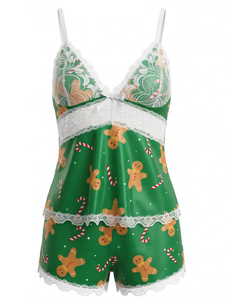 Ensemble pyjama caraco imprimé Noël à bordure en dentelle années 1950 - 1