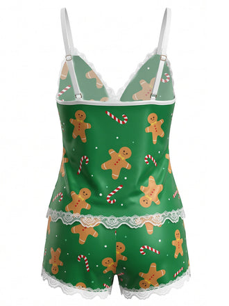 Ensemble pyjama caraco imprimé Noël à bordure en dentelle années 1950 - 2