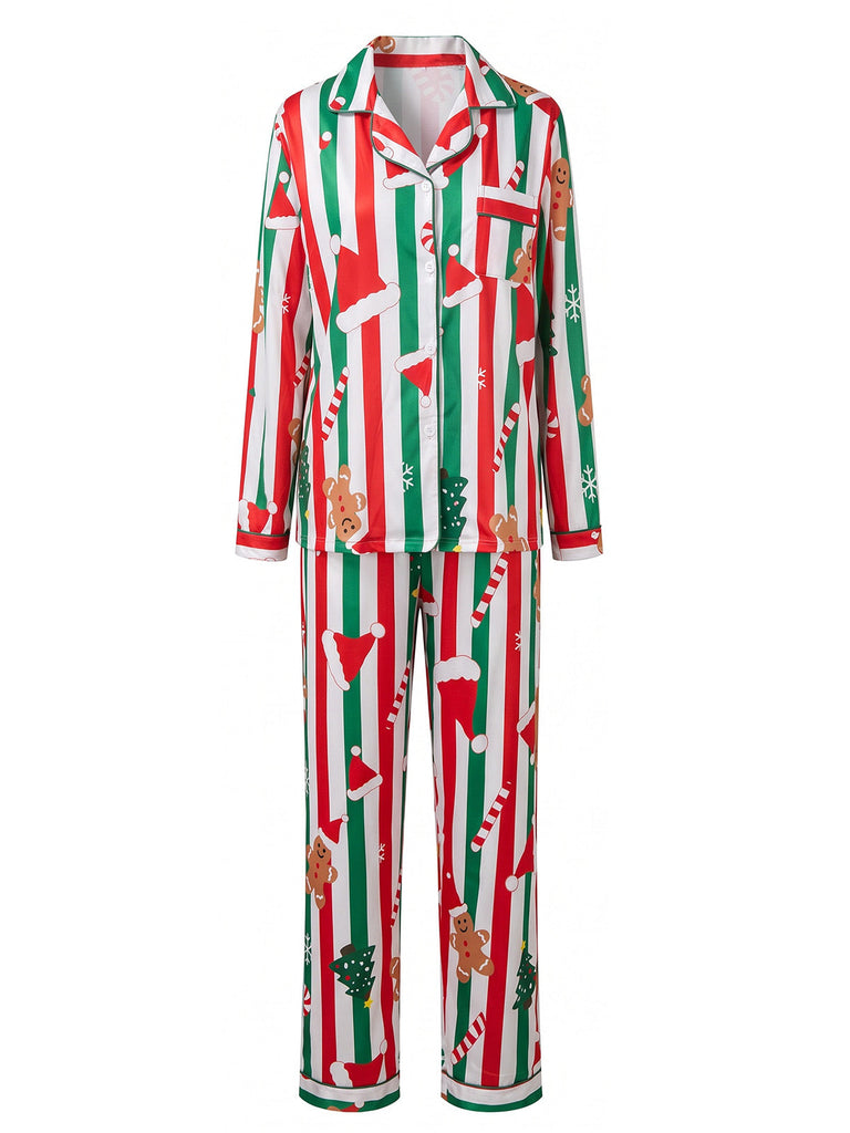 Ensemble pyjama de Noël rayé imprimé pain d’épices années 1950 - 1
