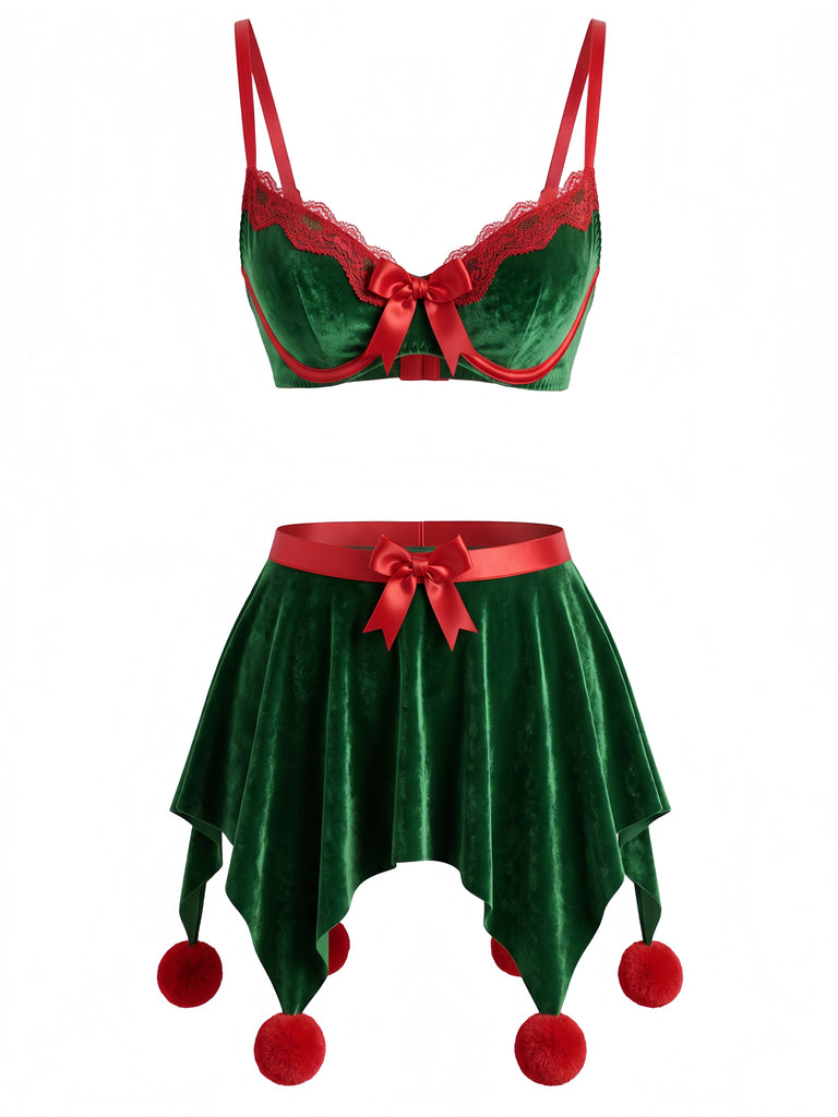 Ensemble Pyjama de Noël Vert à Caraco Style Elfe Années 1960 - 3