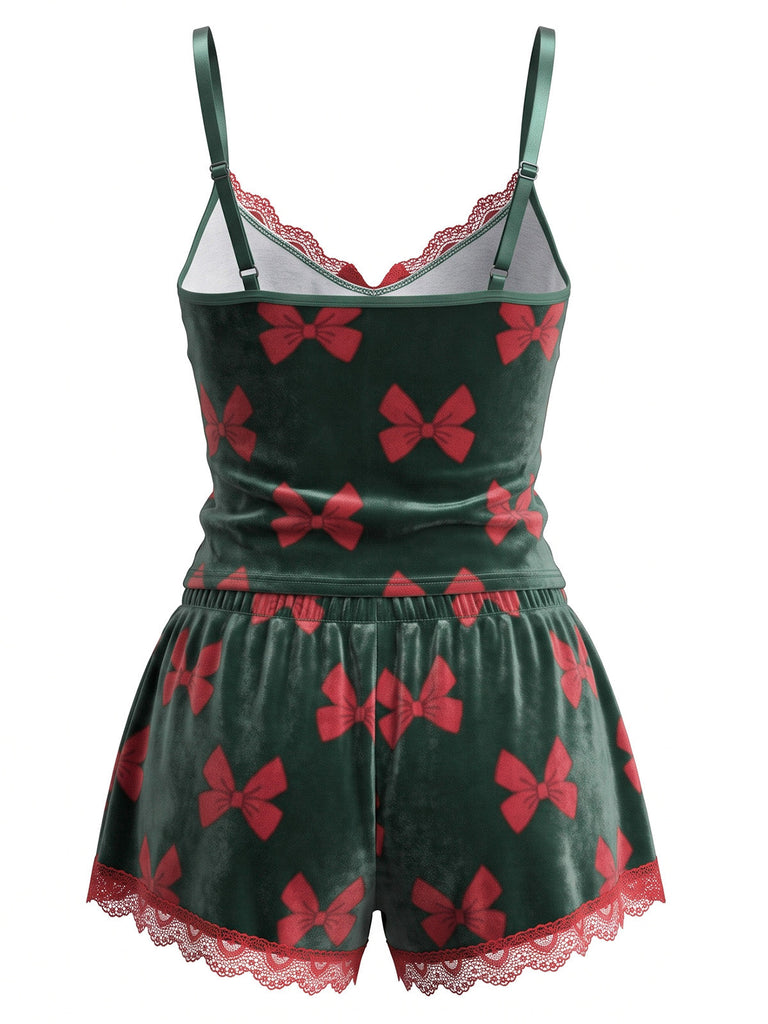 Ensemble pyjama de Noël vert en velours imprimé nœuds années 1950 - 2