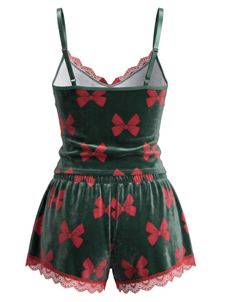 Ensemble pyjama de Noël vert en velours imprimé nœuds années 1950 - 2