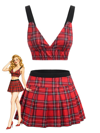 Ensemble pyjama rouge à carreaux, haut à décolleté profond et jupe plissée années 1960 - 1
