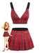 Ensemble pyjama rouge à carreaux, haut à décolleté profond et jupe plissée années 1960 - 1