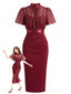 Ensemble Robe Crayon Bordeaux Froncée à Fines Bretelles et Haut Transparent Années 1960