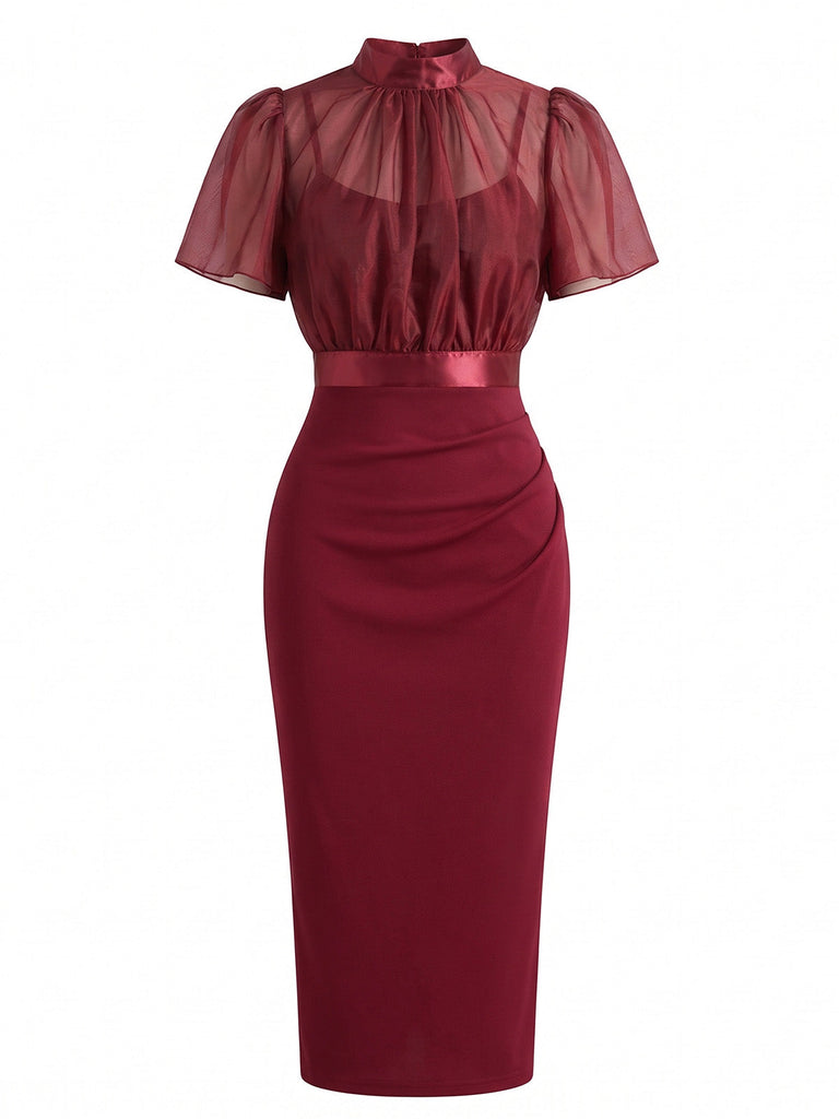 Ensemble Robe Crayon Bordeaux Froncée à Fines Bretelles et Haut Transparent Années 1960 - 2