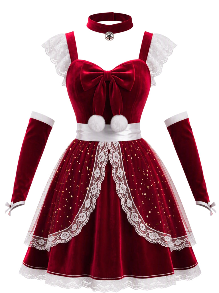 Ensemble robe de Noël rouge en velours à tablier, nœud et bordure en résille années 1940 - 1