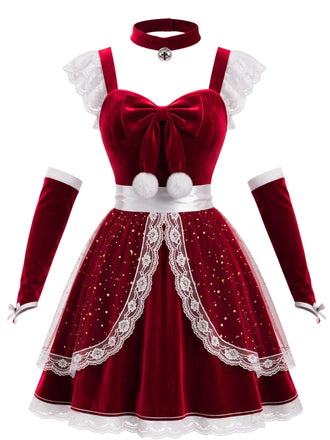 Ensemble robe de Noël rouge en velours à tablier, nœud et bordure en résille années 1940 - 1