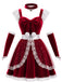 Ensemble robe de Noël rouge en velours à tablier, nœud et bordure en résille années 1940 - 1