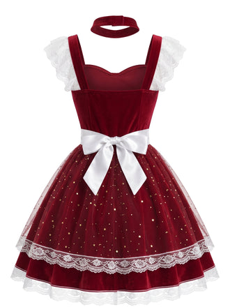 Ensemble robe de Noël rouge en velours à tablier, nœud et bordure en résille années 1940 - 2